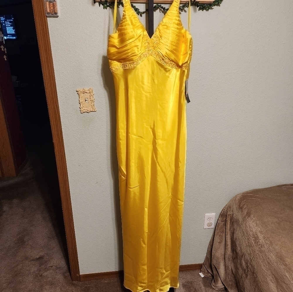 Hailey Adrianna Papell Prom Graduation Evening Gown Yellow Beaded Size 12